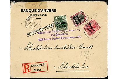 Tysk post i Belgien. 2 c/5 pfg., 10 c./10 pfg. Og 50 c./40 pfg. Belgien Germania Provisorium på anbefalet brev fra Antwerpen d. 26.5.1916 til Stockholm, Sverige. Flere store censurstempler. 