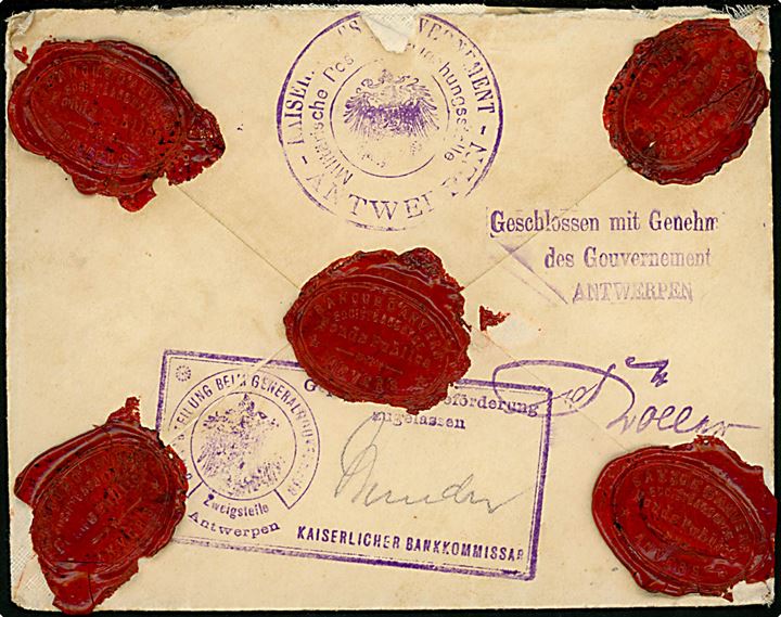 Tysk post i Belgien. 2 c/5 pfg., 10 c./10 pfg. Og 50 c./40 pfg. Belgien Germania Provisorium på anbefalet brev fra Antwerpen d. 26.5.1916 til Stockholm, Sverige. Flere store censurstempler. 