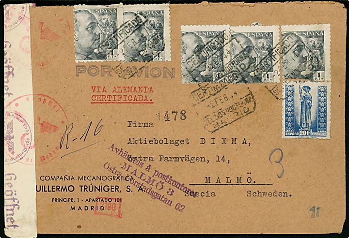 20 cts. Aon Santo og 1 pta. Franco (5) på anbefalet luftpostbrev påskrevet via Alemania fra Madrid d. 25.2.1944 til Malmö, Sverige. Spansk censur fra Madrid og åbnet af tysk censur i München.
