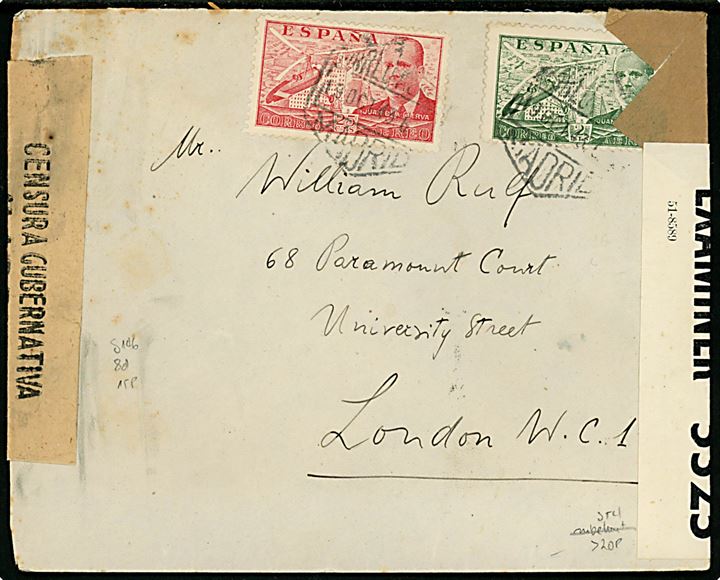 25 cts. og 2 pts. Luftpost på brev fra Madrid d. 19.10.1943 til London, England. Åbnet af spansk censur i Madrid og britisk censur PC90/5325.