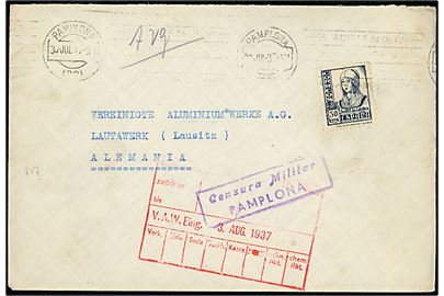 50 cts. Isabel single på brev fra Pamplona d. 30.7.1937 til Lausitz, Tyskland. Lokal spansk censur fra Pamplona.