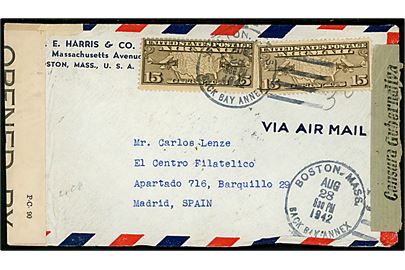15 cents Luftpost (2) på luftpostbrev fra Boston d. 28.8.1942 til Madrid, Spanien. Åbnet af både britisk censur på Bermuda PC90/6179 påskrevet I.C og lokal spansk censur i Madrid. 
