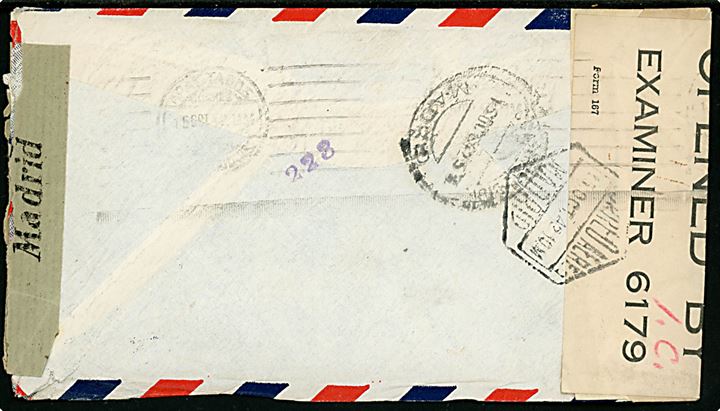 15 cents Luftpost (2) på luftpostbrev fra Boston d. 28.8.1942 til Madrid, Spanien. Åbnet af både britisk censur på Bermuda PC90/6179 påskrevet I.C og lokal spansk censur i Madrid. 