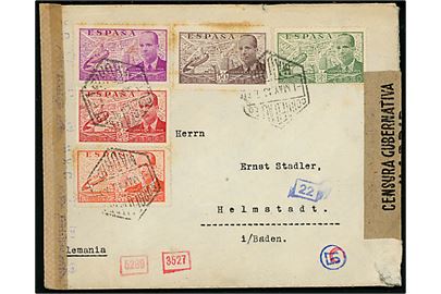 20 cts., 25 cts., 35 cts. 50 cts. og 2 pta. Luftpost på brev fra Madrid d. 1.5.1943 til Helmstadt, Tyskland. Lokal spansk censur i Madrid og tysk censur fra München.