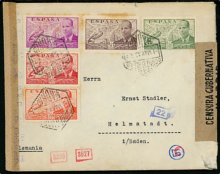 20 cts., 25 cts., 35 cts. 50 cts. og 2 pta. Luftpost på brev fra Madrid d. 1.5.1943 til Helmstadt, Tyskland. Lokal spansk censur i Madrid og tysk censur fra München.