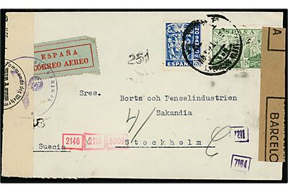 75 cts. Ano Santo 1943 og 2 pts. Luftpost på luftpostbrev fra Barcelona d. 9.11.1944 via München til Stockholm, Sverige. Åbnet af spansk censur i Barcelona og sent tysk censur i München.