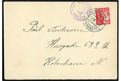 15 øre Karavel på brev annulleret med bureaustempel Stubbekøbing - Nykøbing Fl. T.212 d. 22.2.1938 og sidestemplet med posthornstempel IDESTRUP (SDR. ØRSLEV) til København.