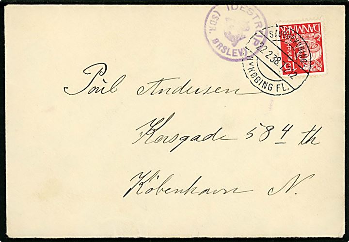 15 øre Karavel på brev annulleret med bureaustempel Stubbekøbing - Nykøbing Fl. T.212 d. 22.2.1938 og sidestemplet med posthornstempel IDESTRUP (SDR. ØRSLEV) til København.