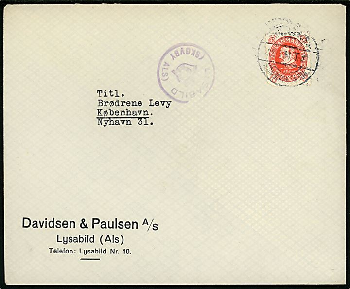 15 Chr. X 60 år med kort hj.tak på brev annulleret bureau Sønderborg - Mommark Færge T.51 d. 26.3.1931 og sidestemplet LYSABILD (SKOVBY ALS) til København.