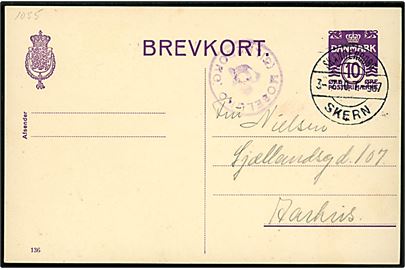 10 øre helsagsbrevkort (fabr. 136) annulleret med bureaustempel Skanderborg - Skern T.967 d. 3.7.1940 og sidestemplet med posthornstempel MOSELUND (SILKEBORG) til Aarhus.