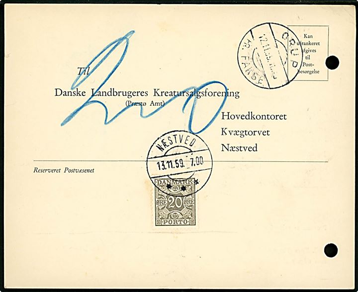 Ufrankeret svarbrevkort med pr.-stempel Orup pr. Fakse d. 12.11.1959 til Næstved. Udtakseret i enkeltporto med 20 øre Portomærke stemplet Næstved d. 13.11.1959. To arkivhuller.
