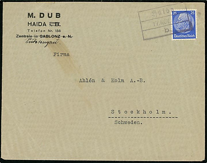 Sudetenland. 25 pfg. Hindenburg på brev annulleret med provisorisk stempel i Haida d. 17.11.1938 til Stockholm, Sverige.