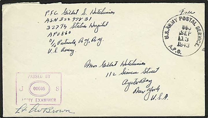 Ufrankeret amerikansk feltpostbrev stemplet U.S.Army Postal Service APO d. 13.9.1943 til New York, USA. Fra 327th Station Hospital APO 860 = Reykjavik. Unit censor # 00605.