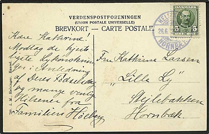 5 øre Fr. VIII på brevkort fra Hellebæk annulleret med bureaustempel Helsingør - Hornbæk d. 26.6.1912 til Hornbæk.
