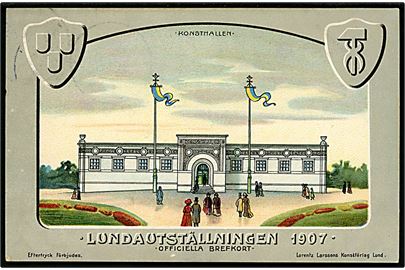 Lund Udstillingen 1907. Officiel brevkort L. Larsson u/no. Frankeret med 5 öre Oscar II i parstykke annulleret med udstillings særstempel d. 5.6.1907 til Tyskland.