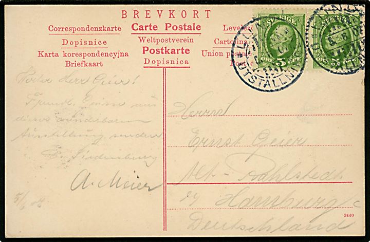 Lund Udstillingen 1907. Officiel brevkort L. Larsson u/no. Frankeret med 5 öre Oscar II i parstykke annulleret med udstillings særstempel d. 5.6.1907 til Tyskland.
