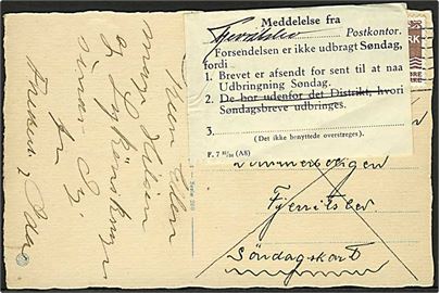 10 øre Bølgelinie (2) på søndagsbrevkort fra København d. 22.10.1938 til Fjerritslev. Påsat meddelelse F.7 12/34 (A8) vedr. forsent afsendt til udbringning søndag.