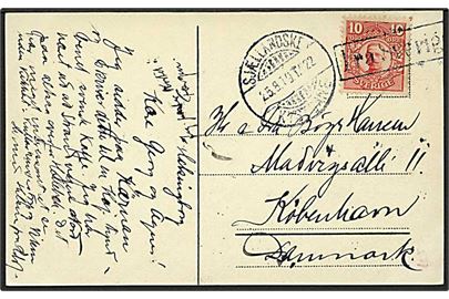 Svensk 10 öre Gustaf på brevkort fra Helsingborg annulleret med rammestempel Fra Sverige og sidestemplet Sjællandske Kystbane T.422 d. 25.8.1919 til København.