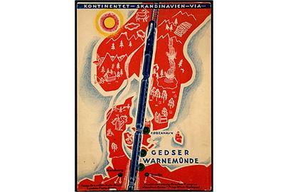 Kontinentet - Skandinavien via Gedser-Warnemünde. Landkort med tog. Reklamekort fra De danske Statsbaner 1932. 