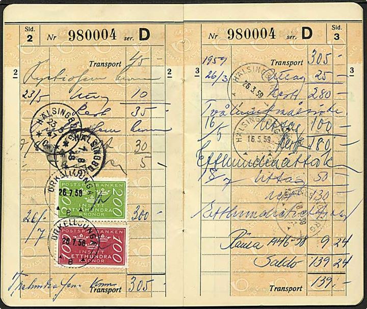 Sveriges Postsparbank Motbok fra Helsingborg 1946 med 15 kr. 50 kr., 100 kr. og 200 kr. Postsparbank mærkater. Medtaget kuvert medfølger.
