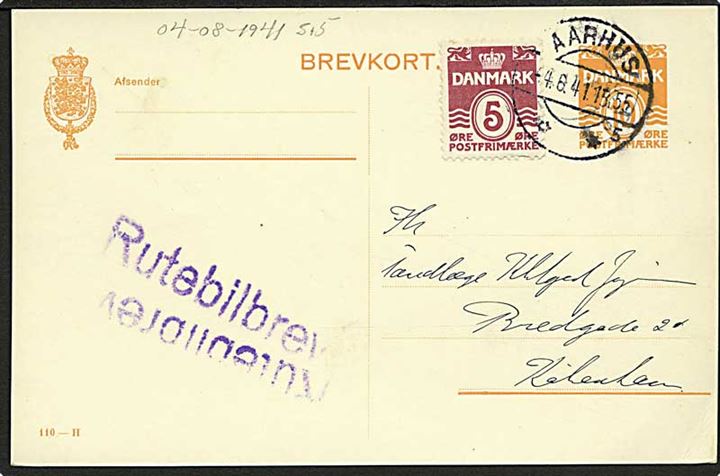 10 øre helsagsbrevkort (fabr. 110-H) opfrankeret med 5 øre Bølgelinie stemplet Aarhus d. 4.6.1941 og sidestemplet Rutebilbrev til København.