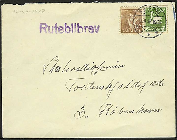 5 øre H.C.Andersen og 10 øre Tavsen på brev stemplet Aalborg d. 13.4.1937 og sidestemplet Rutebilbrev til København.
