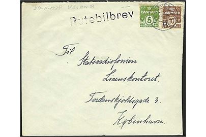 5 øre og 10 øre Bølgelinie på brev stemplet Vejen B. d. 29.1.1938 og sidestemplet Rutebilbrev til København.