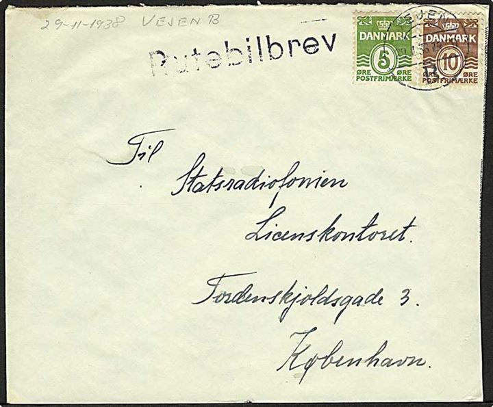 5 øre og 10 øre Bølgelinie på brev stemplet Vejen B. d. 29.1.1938 og sidestemplet Rutebilbrev til København.
