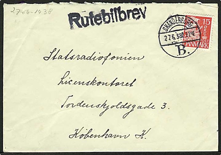 15 øre Karavel på brev stemplet Skanderborg B. d. 27.6.1938 og sidestemplet Rutebilbrev til København.
