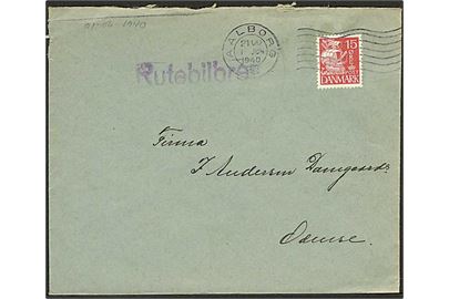 15 øre Karavel på brev stemplet Aalborg 3. d. 1.6.1940 og sidestemplet Rutebilbrev til Odense.