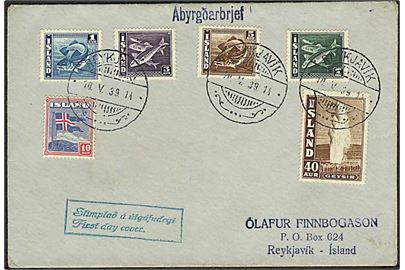 1 eyr, 5 aur Torsk, 3 aur, 7 aur Sild, 10 aur Flag og 40 aur Geysir på FDC fra Reykjavik d. 10.5.1939 til Reykjavik.