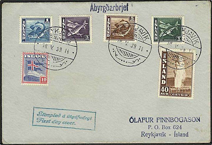 1 eyr, 5 aur Torsk, 3 aur, 7 aur Sild, 10 aur Flag og 40 aur Geysir på FDC fra Reykjavik d. 10.5.1939 til Reykjavik.