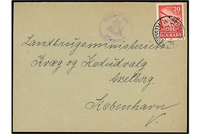 20 øre DDL på brev annulleret med bureaustempel Fredericia - Flensborg T.949 d. 5.1.1944 og sidestemplet med posthornstempel Tønder Øst (Tønder) til København. Kuvert beskåret.
