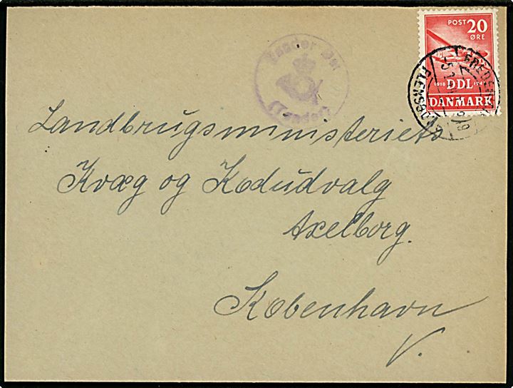 20 øre DDL på brev annulleret med bureaustempel Fredericia - Flensborg T.949 d. 5.1.1944 og sidestemplet med posthornstempel Tønder Øst (Tønder) til København. Kuvert beskåret.