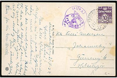 10 øre Bølgelinie på brevkort annulleret med uldent bureaustempel Fredericia - Aalborg d. 21.7.1937 og sidestemplet med posthornstempel Munkebjerg (Vejle) til Helsingør.
