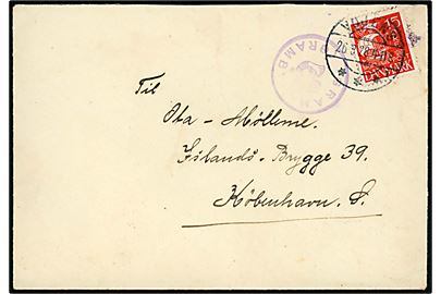 15 øre Karavel på brev annulleret Vojens d. 26.8.1928 og sidestemplet med posthornstempel GRAM (GRAMBY) til København.