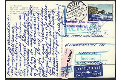 6,50 kr. Dyrhólaey på luftpost brevkort fra Reykjavik 1967 til Odense, Danmark. Retur som ubekendt.