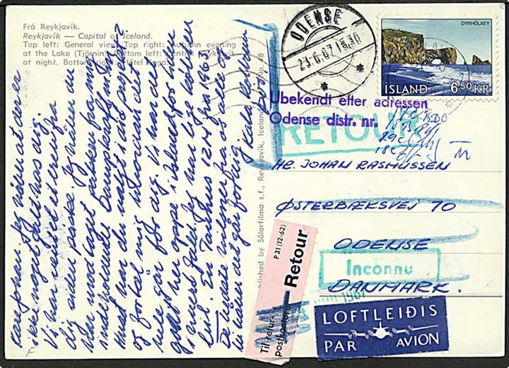 6,50 kr. Dyrhólaey på luftpost brevkort fra Reykjavik 1967 til Odense, Danmark. Retur som ubekendt.