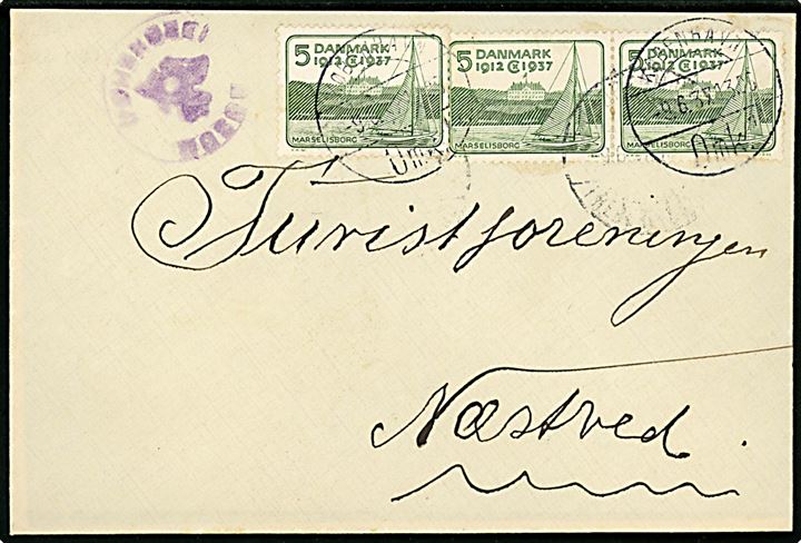 5 øre Regentjubilæum (3) på brev annulleret med svagt bureaustempel København - Frederikssund og igen med København Omk. d. 9.6.1937 og sidestemplet med posthornstempel HUSUM (BRØNSHØJ) til Næstved.