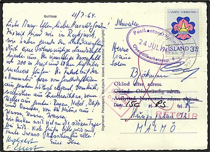3,50 kr. Spejder udg. på brevkort fra Reykjavik d. 2.7.1964 til Malmö, Sverige. Retur som ubekendt.