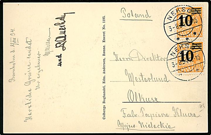 10/30 øre Provisorium i parstykke på brevkort fra Neksø d. 3.8.1934 til Polen. 