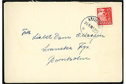 15 øre Karavel på brev fra Vejrø annulleret med brotype IIIc Kragenæs d. 24.4.1934 til Svaneke Fyr på Bornholm. I 1934 var der 42 beboere på Vejrø, et antal som i 2021 er faldet til blot 4.