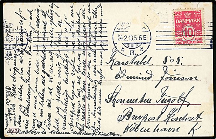 10 øre Bølgelinie single på brevkort fra Kjøbenhavn d. 24.2.1913 til konstabel ombord på Skonnerten Ingolf, Brevpostkontoret København K. Skrueskonnerten Ingolf var i perioden 1.10.1912 - 17.3.1913 udrustet som stationsskib ved Dansk Vestindien, skibet forlod St. Thomas d. 15.2.1913.