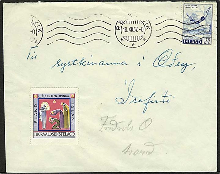 1,75 kr. Idræt og Thorvaldsen foreningen 1957 på brev fra Reykjavik d. 18.12.1957 til Isafjördur.