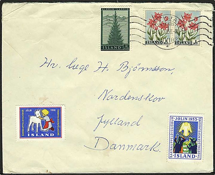 1 kr. Blomster (par), 35 aur Trævækst, samt Thorvaldsen foreningen 1953 og 1958 julemærker på brev fra Reykjavik d. 10.12.1958 til Nordenskov, Danmark.