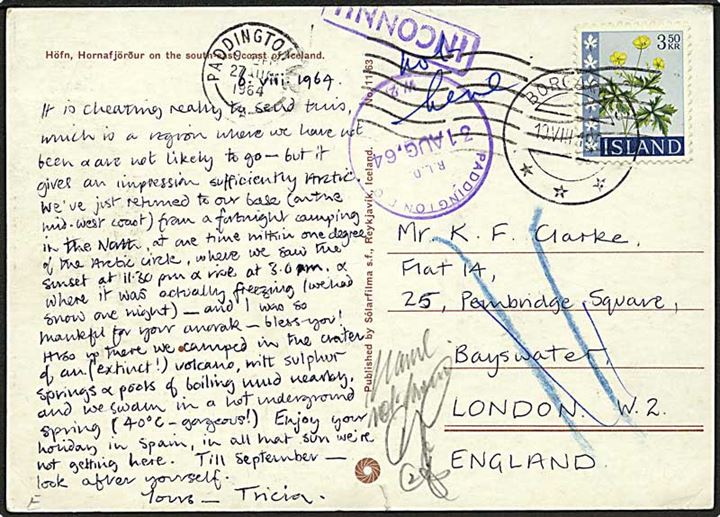3,50 kr. Blomster på brevkort fra Borganes d. 19.8.1964 til London, England. Retur som ubekendt.