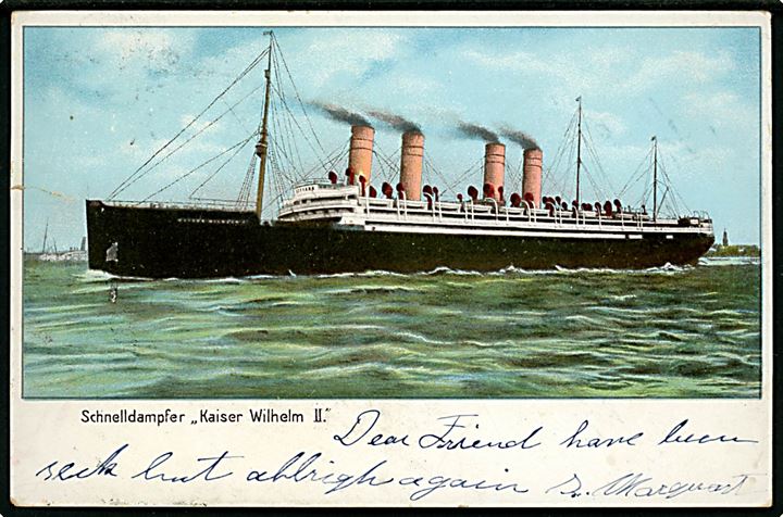 Kaiser Wilhelm II, S/S, Norddeutsche Lloyd. Frankeret med amerikansk 2 cents Washington med skibsstempel U. S. German Sea P.O. /12 d. 31.5.1908 til New York, USA