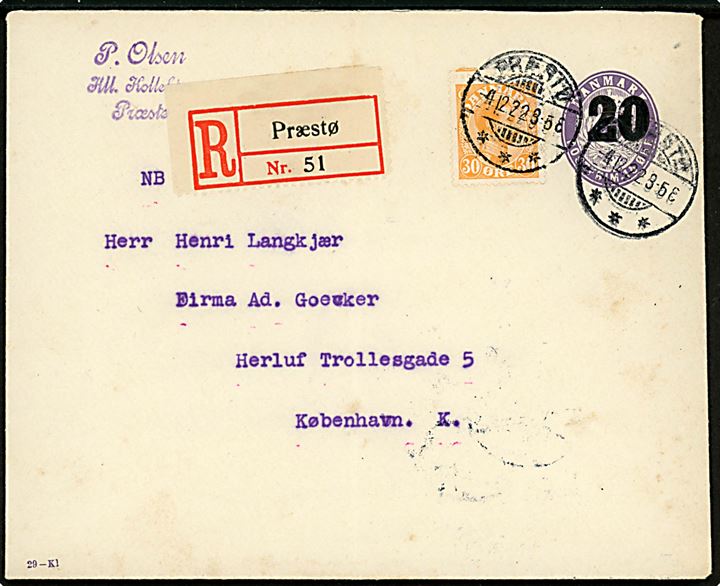 20/15 øre provisorisk helsagskuvert (fabr. 29-Kl.) opfrankeret med 30 øre Chr. X sendt anbefalet fra Præstø d. 4.12.1922 til København.