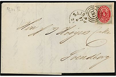 4 sk. Tofarvet 6. tryk på brev fra Kjøbenhavn annulleret med kombineret nr.stempel 181/SJ.JB.P.SP.B. d. 17.5.1873 til Svendborg.