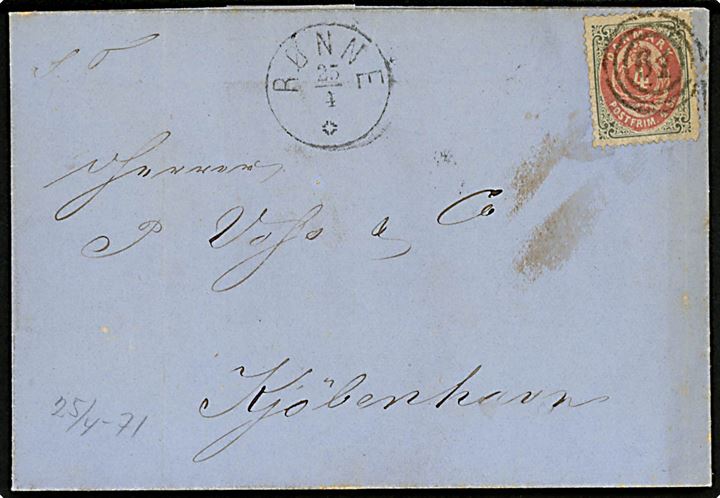 4 sk. Tofarvet på brev annulleret med nr.stempel 61 og sidestemplet lapidar Rønne * d. 2.4.1871 til Kjøbenhavn. 